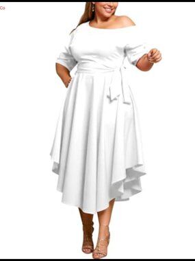 Plus Size Off Shoulder Midi Dress A-Line High Low Wedding Guest